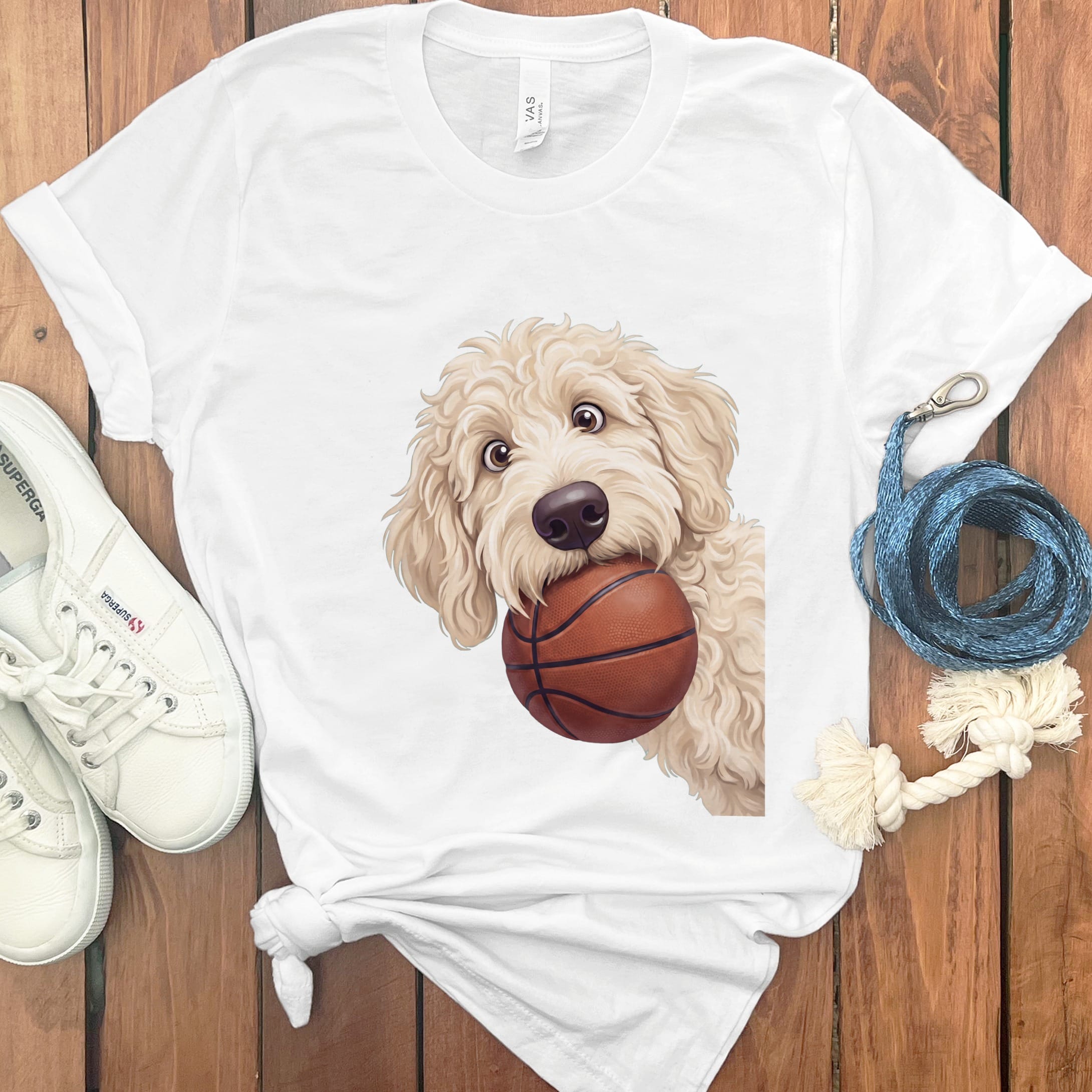 Cream Goldendoodle Basketball T-Shirt in White / S by Puppy Jo