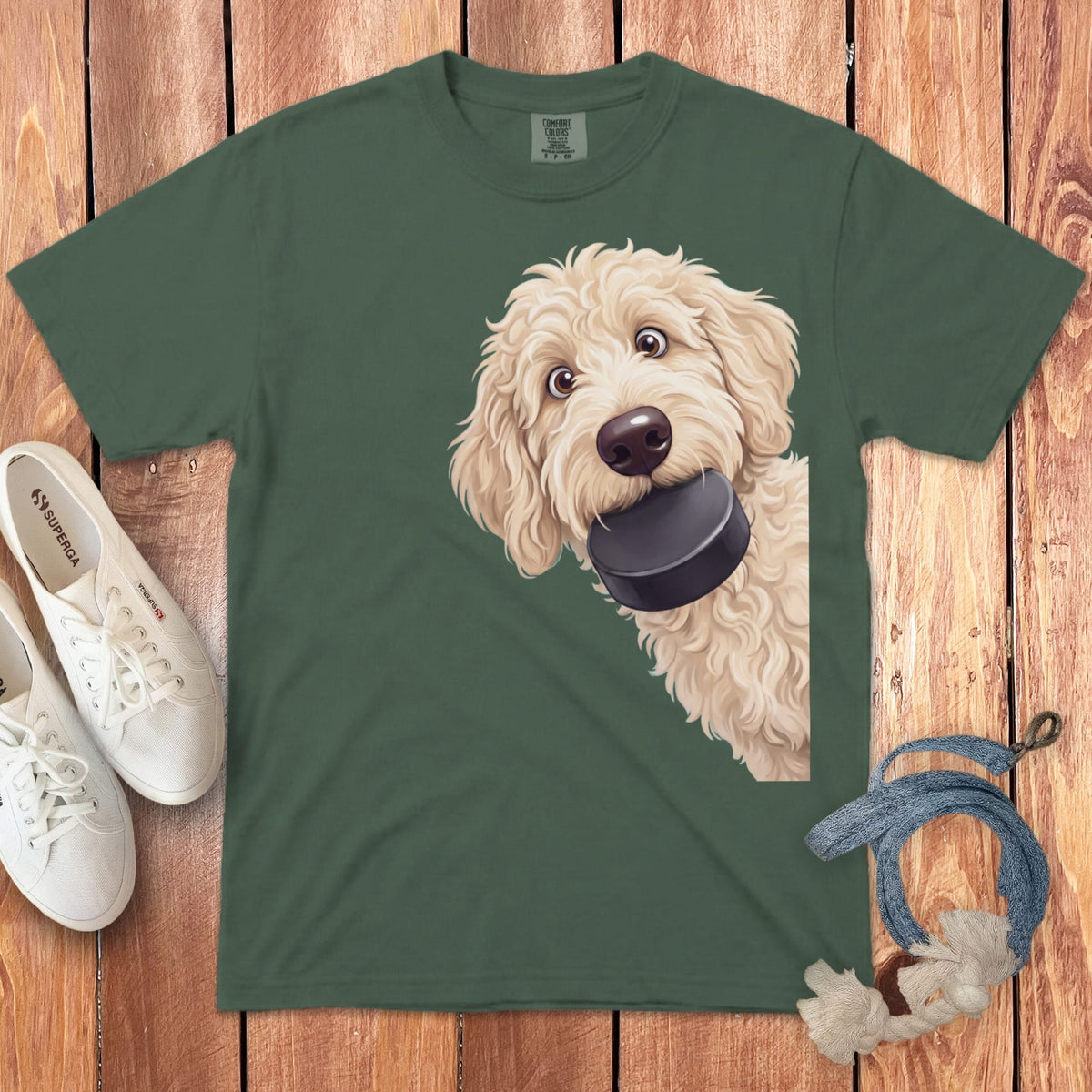Cream Goldendoodle Hockey Puck Signature T-Shirt in Blue Spruce / S by Puppy Jo