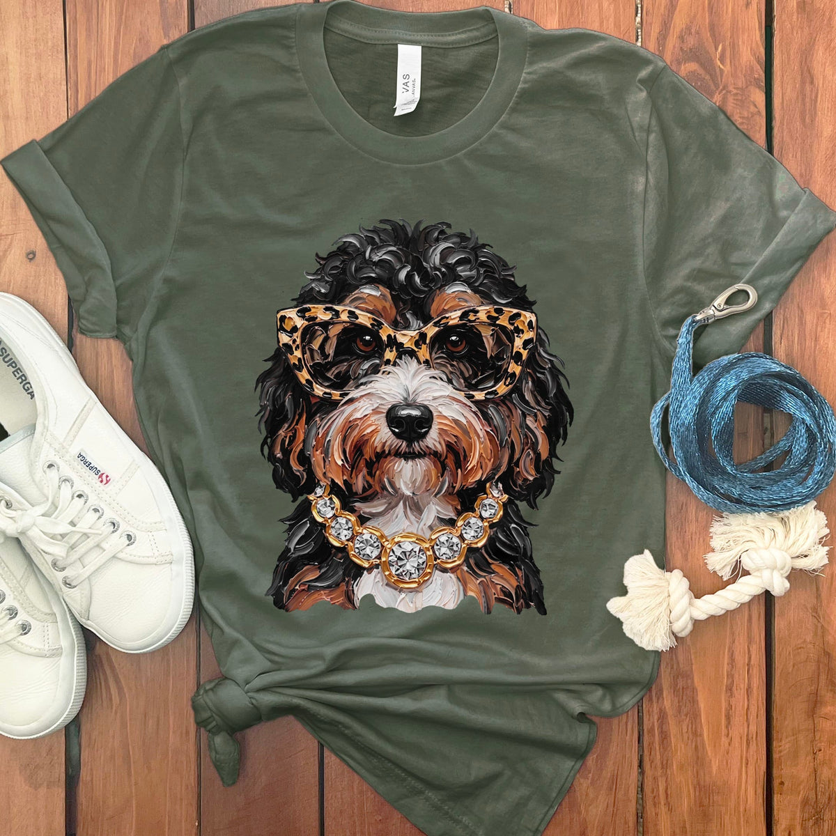 Bernedoodle Glam T-Shirt in Military Green / S by Puppy Jo