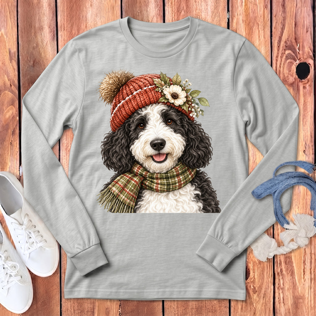 Long sleeve grey t-shirt with a cartoon dog wearing a red beanie and scarf.