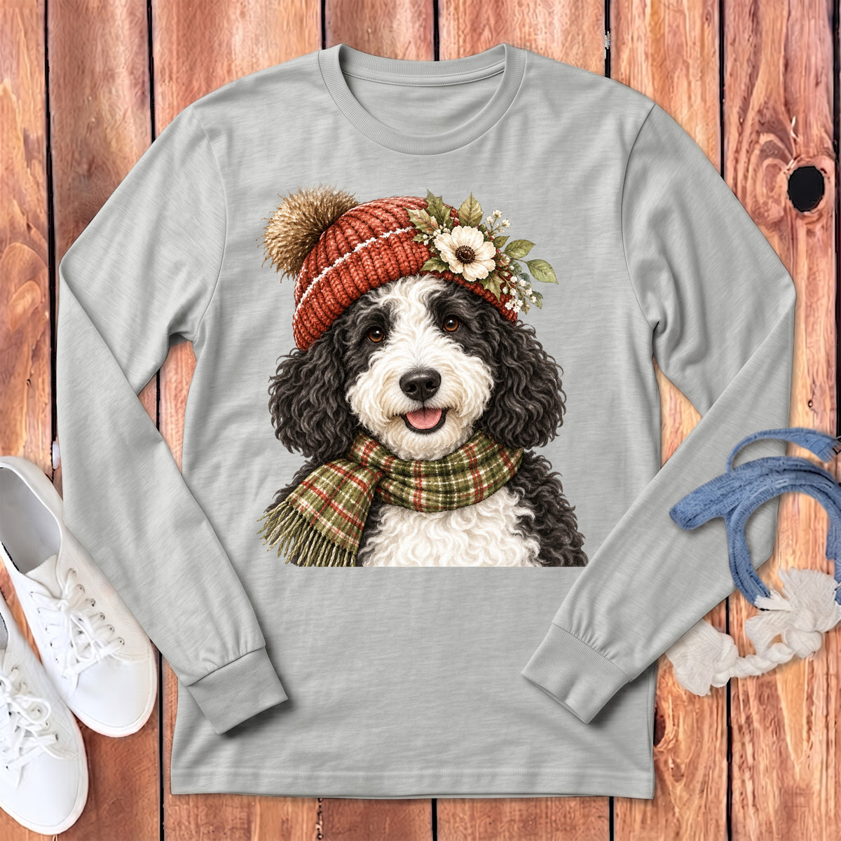 Long sleeve grey t-shirt with a cartoon dog wearing a red beanie and scarf.