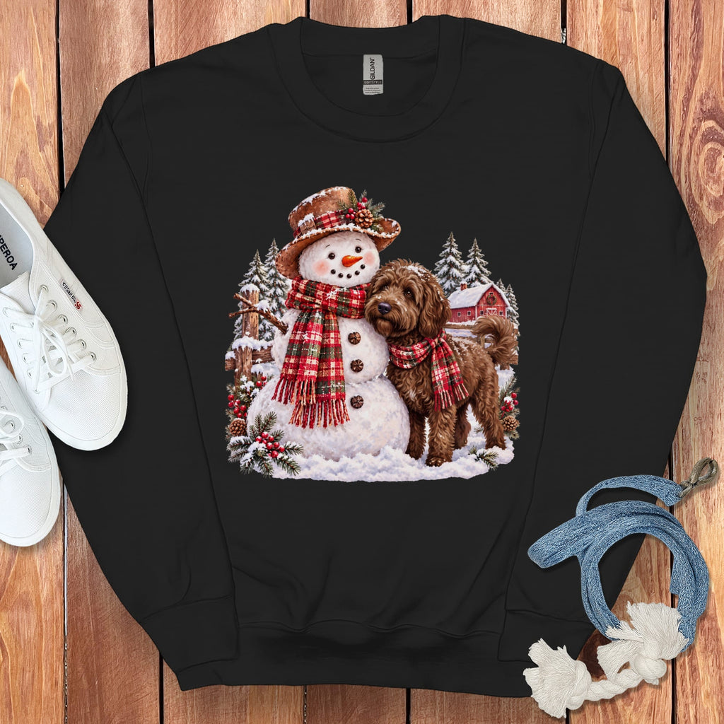 Chocolate Goldendoodle Christmas Snowman Sweatshirt in Black / S by Puppy Jo