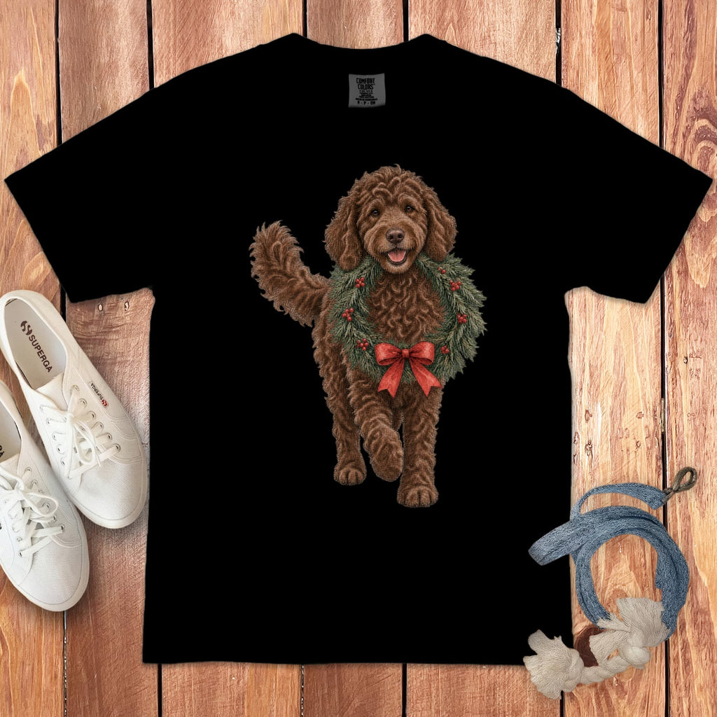 Chocolate Goldendoodle Wreath Signature T-Shirt in Black / S by Puppy Jo
