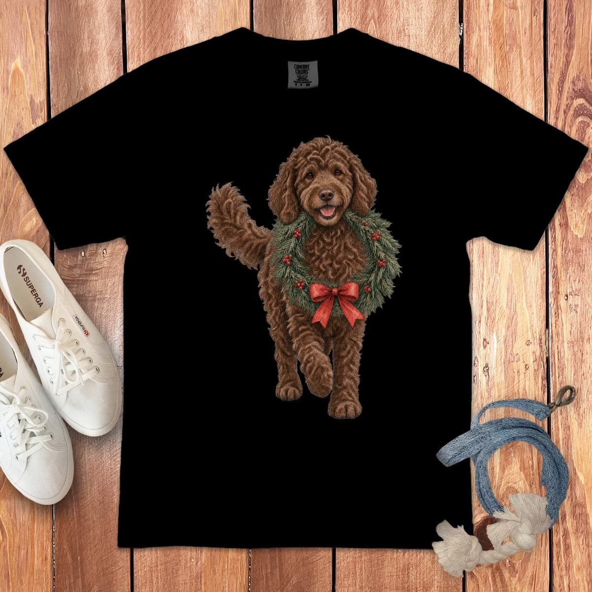 Chocolate Goldendoodle Wreath Signature T-Shirt in Black / S by Puppy Jo