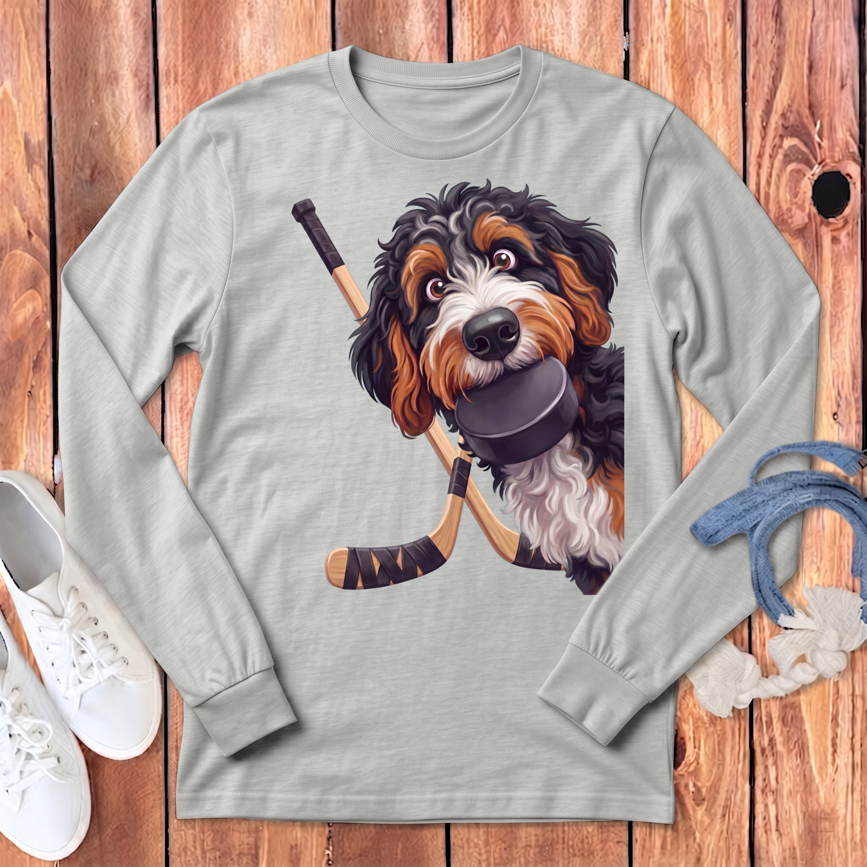 Bernedoodle Hockey Long Sleeve T-Shirt in Athletic Heather / S by Puppy Jo