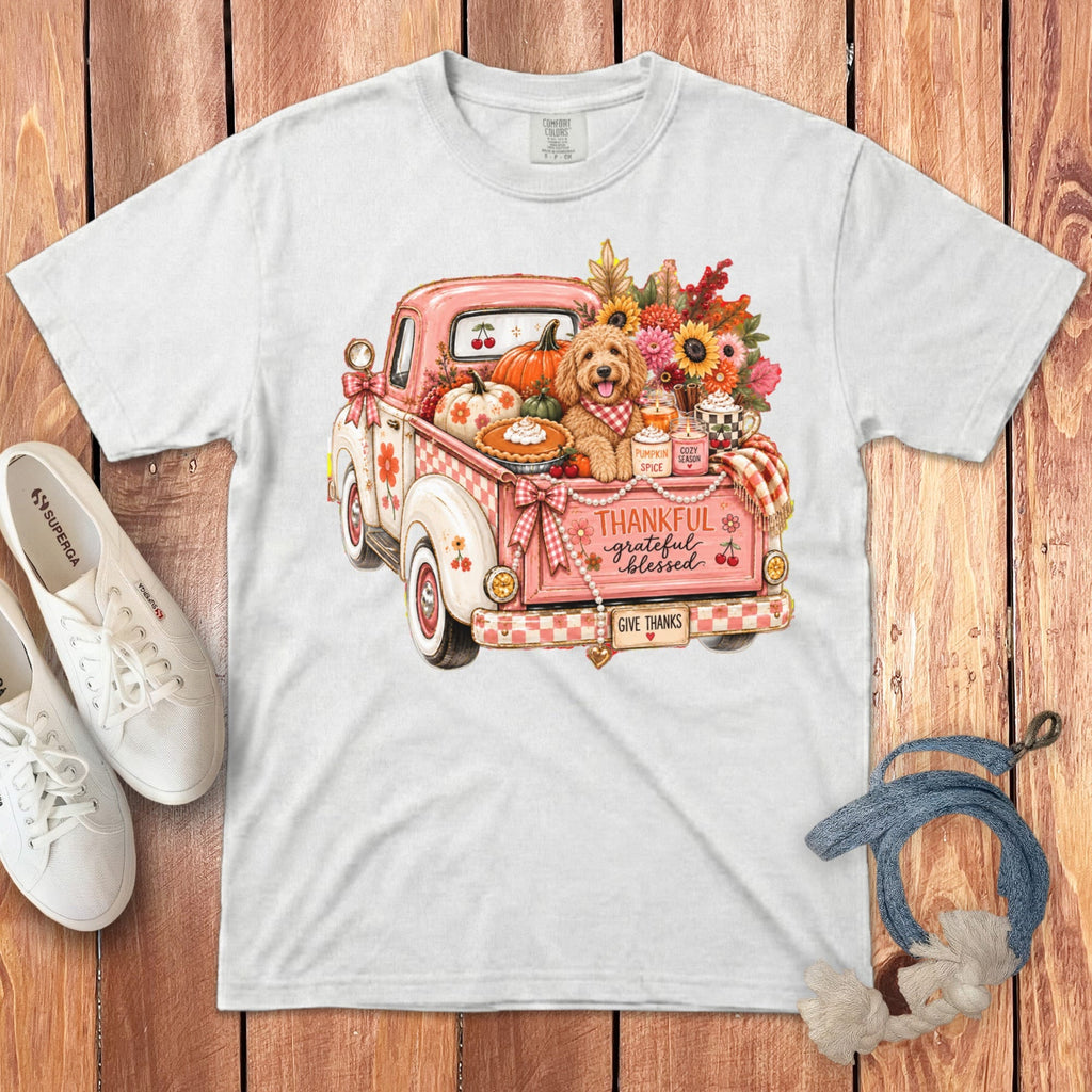 Apricot Goldendoodle Fall Truck Signature T-Shirt in White / S by Puppy Jo
