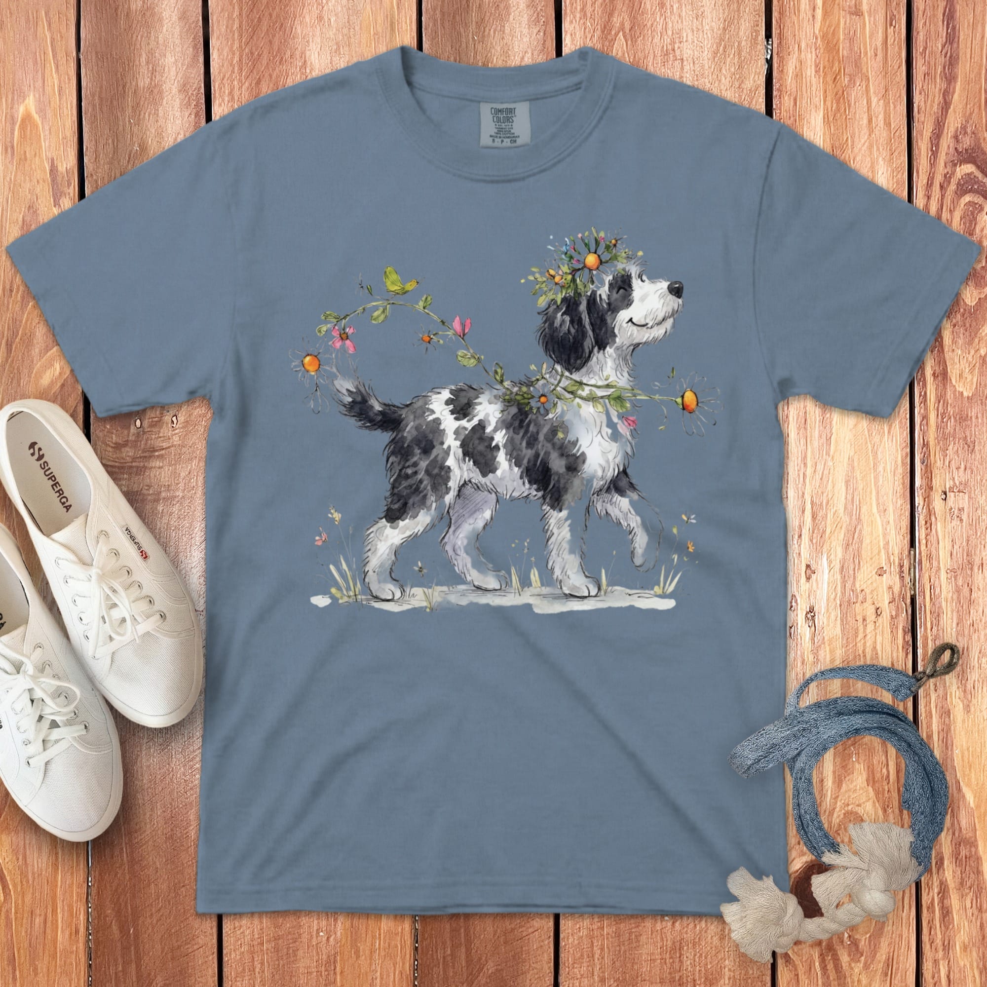 Watercolor illustration of a black and white dog wearing a floral wreath.