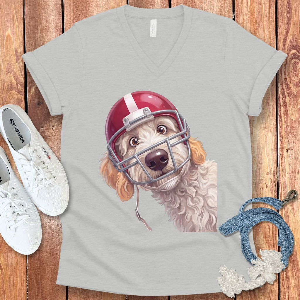 Maltipoo Football Helmet V-Neck T-Shirt in Athletic Heather / S by Puppy Jo