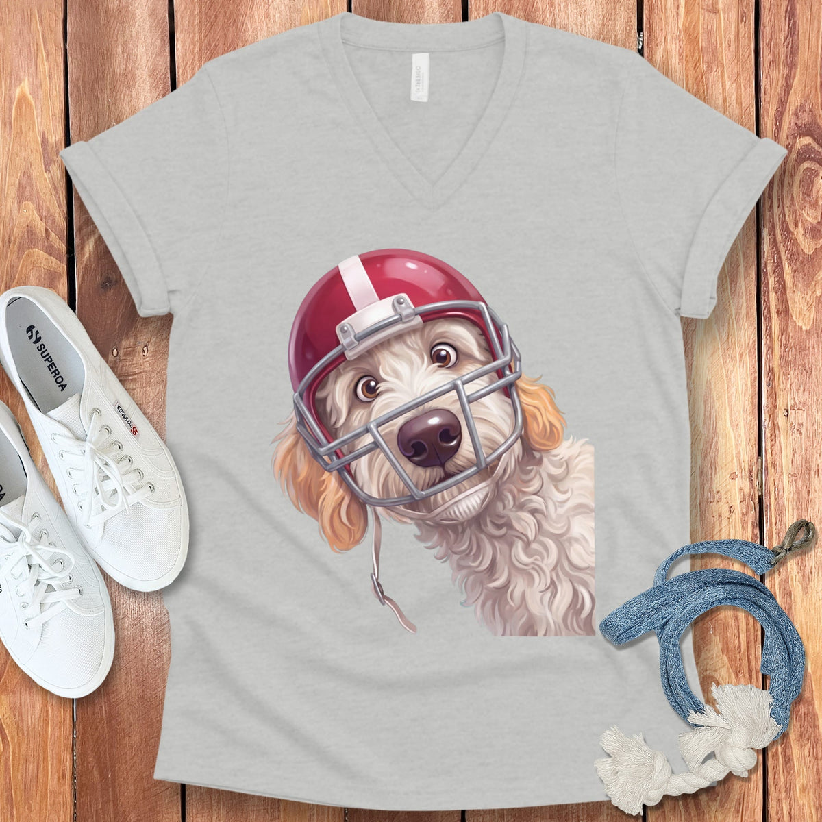 Maltipoo Football Helmet V-Neck T-Shirt in Athletic Heather / S by Puppy Jo