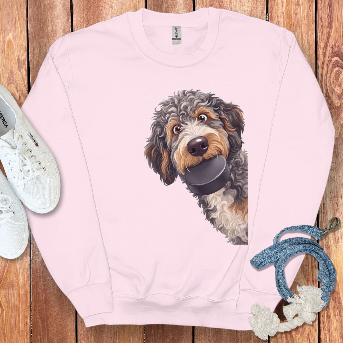 Aussiedoodle Hockey Puck Sweatshirt in Light Pink / S by Puppy Jo