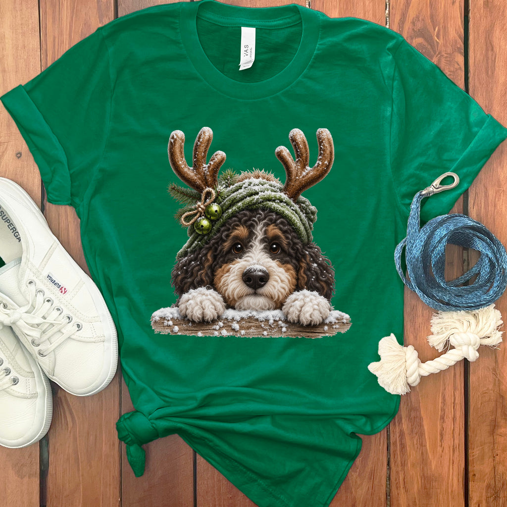 Bernedoodle puppy with reindeer antlers and snow on a green t-shirt.