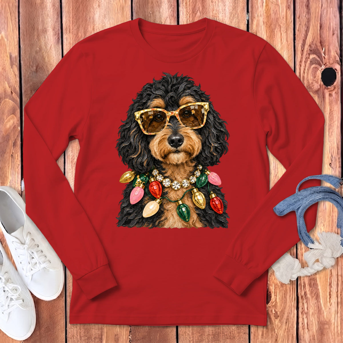 Phantom Goldendoodle Christmas Glam Long Sleeve T-Shirt in Red / S by Puppy Jo