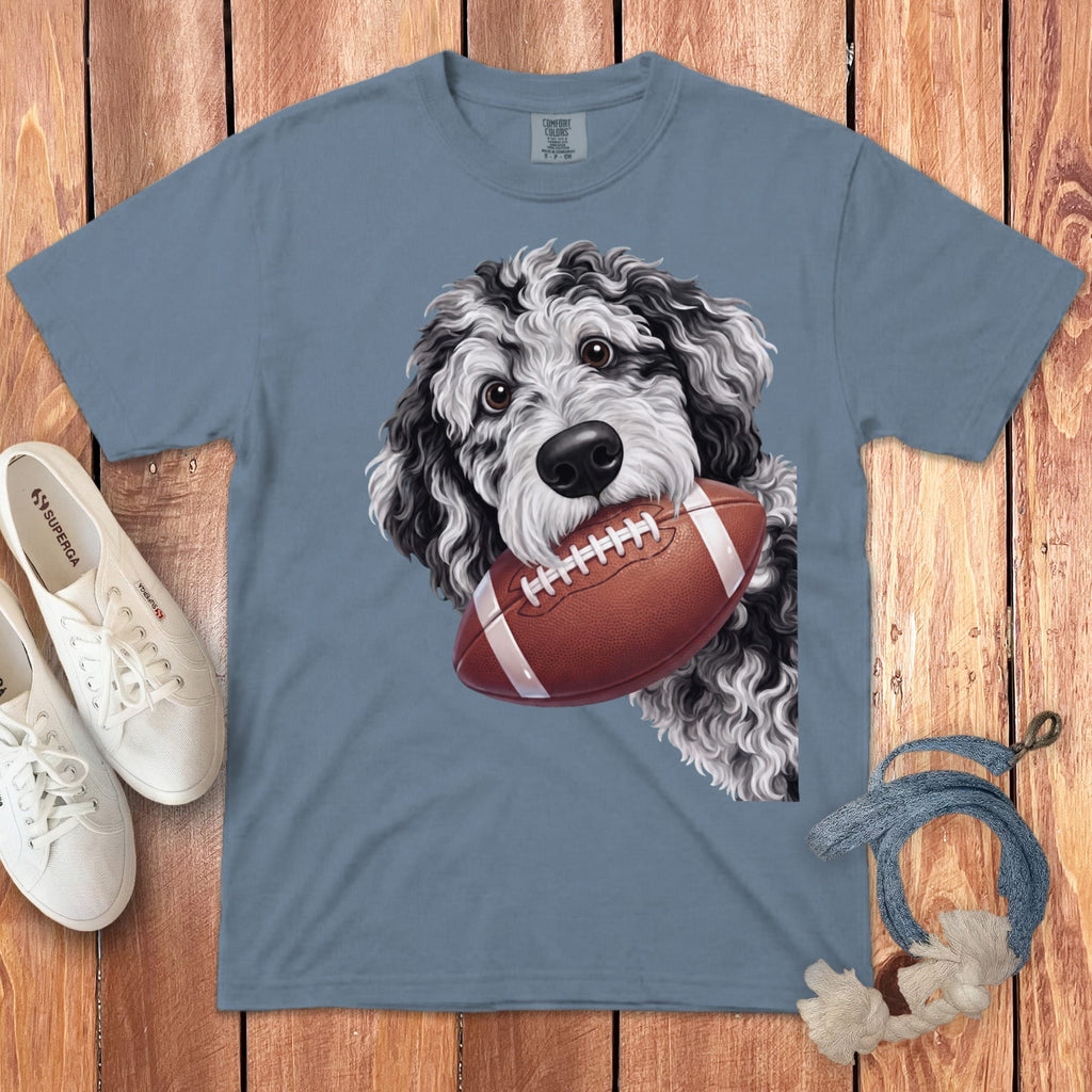 Merle Goldendoodle Football Signature T-Shirt in Blue Jean / S by Puppy Jo