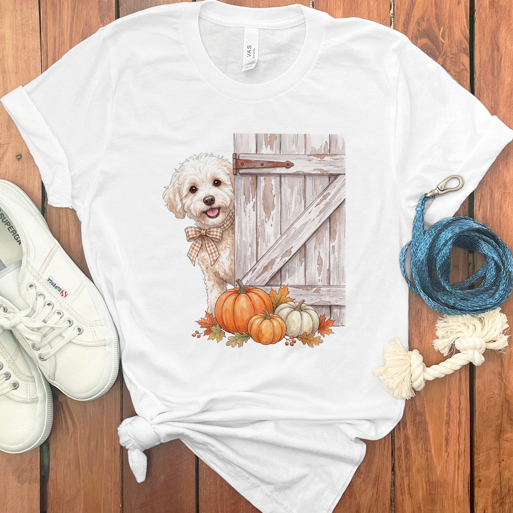 Maltipoo Barn Peeking T-Shirt in White / S by Puppy Jo