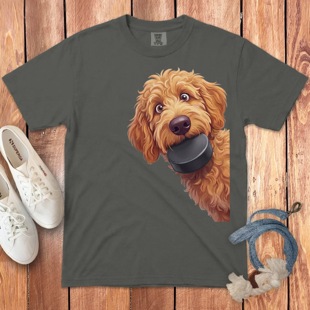 Apricot Goldendoodle Hockey Puck Signature T-Shirt in Pepper / S by Puppy Jo
