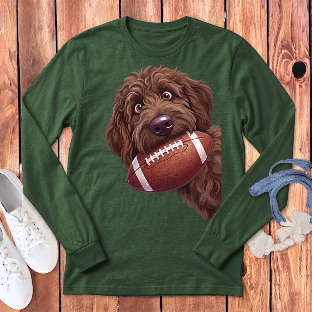 Green long sleeve shirt with brown dog holding a football graphic.