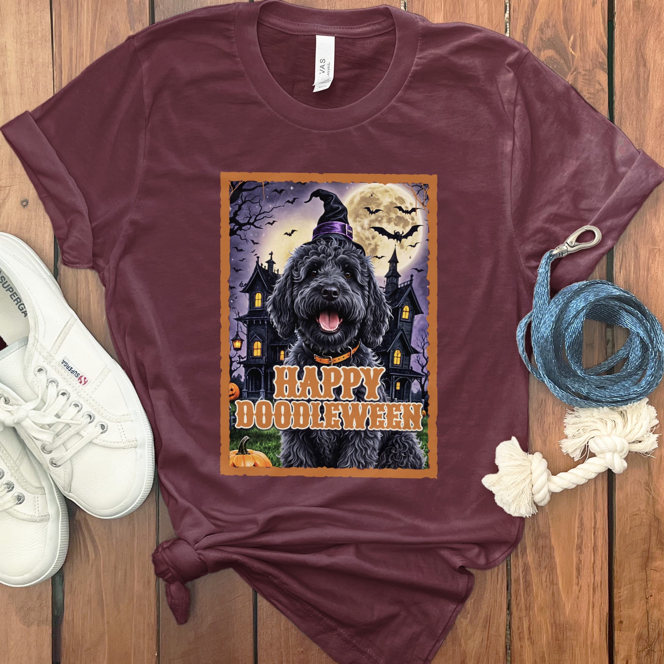 Black Goldnedoodle Happy Doodleween T-Shirt in Maroon / S by Puppy Jo