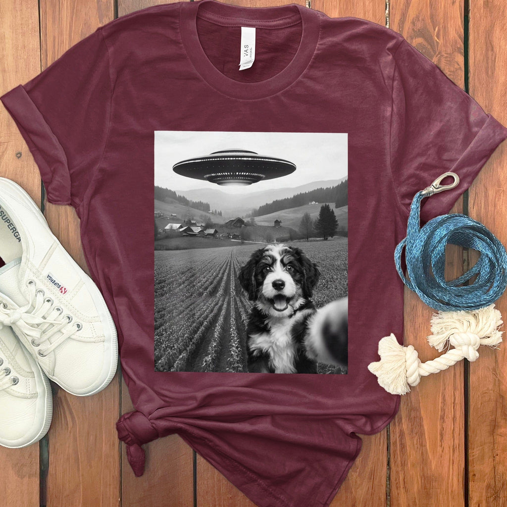 UFO Encounter with Dog on Burgundy T Shirt