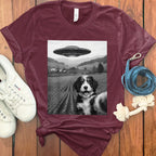 UFO Encounter with Dog on Burgundy T Shirt