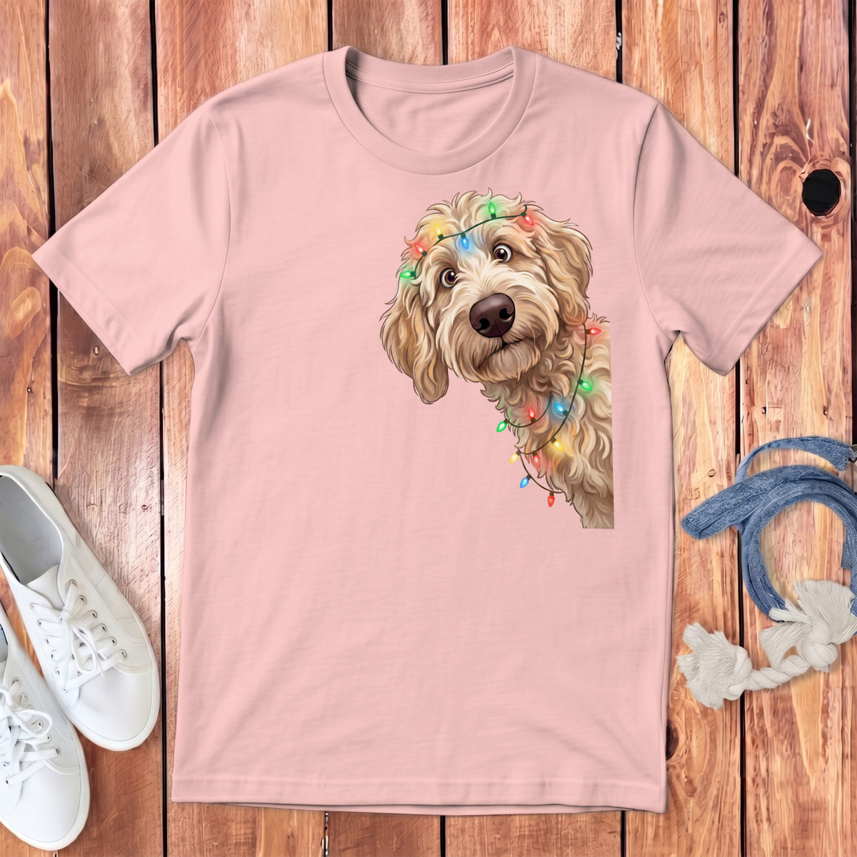 Pink t-shirt with a dog wearing Christmas lights on its head.