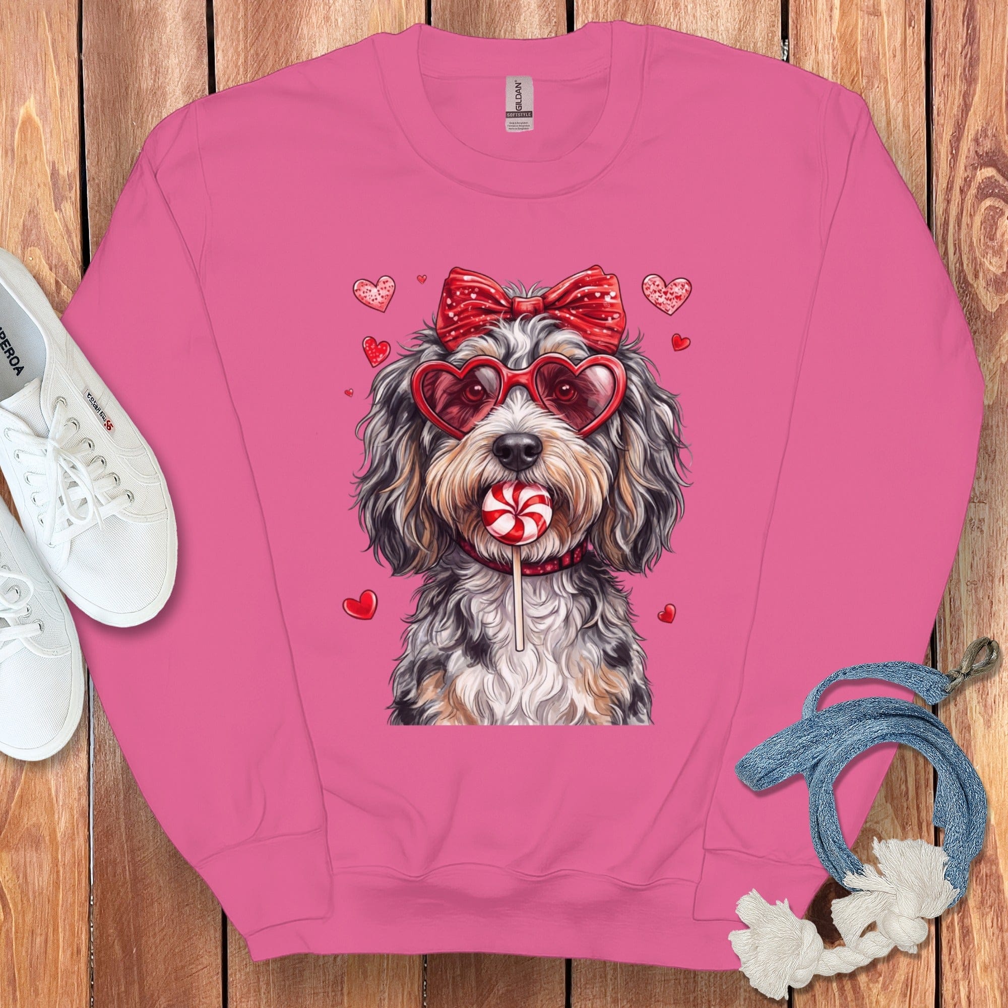 Cute Puppy with Heart Glasses Pink Sweatshirt