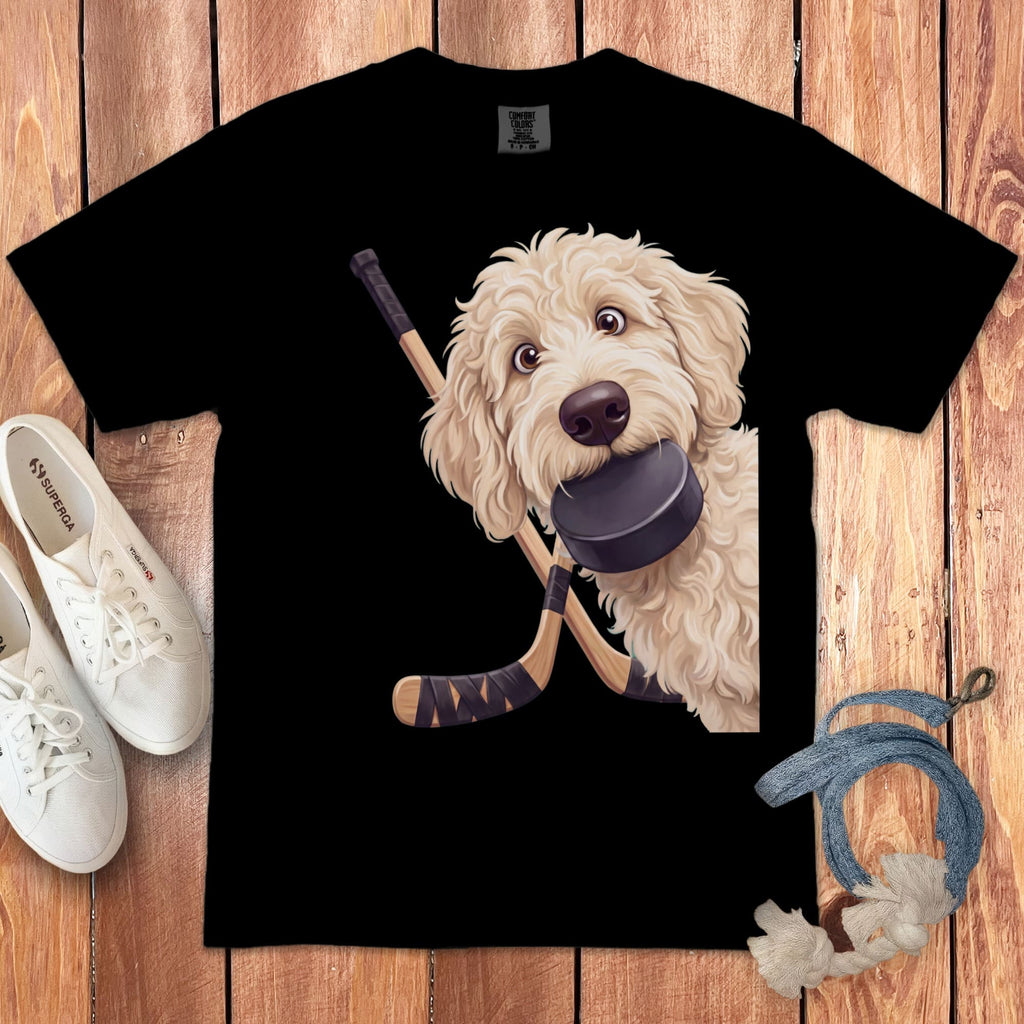 Cream Goldendoodle Hockey Signature T-Shirt in Black / S by Puppy Jo