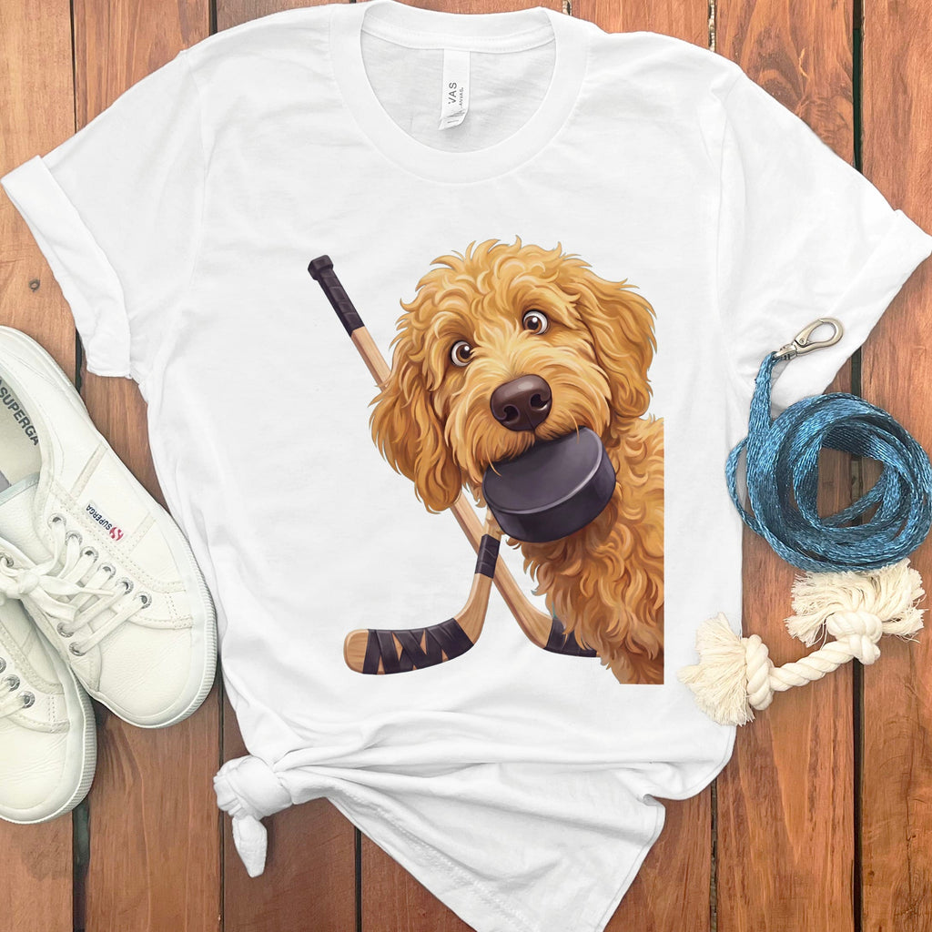 Golden Goldendoodle Hockey T-Shirt in White / S by Puppy Jo