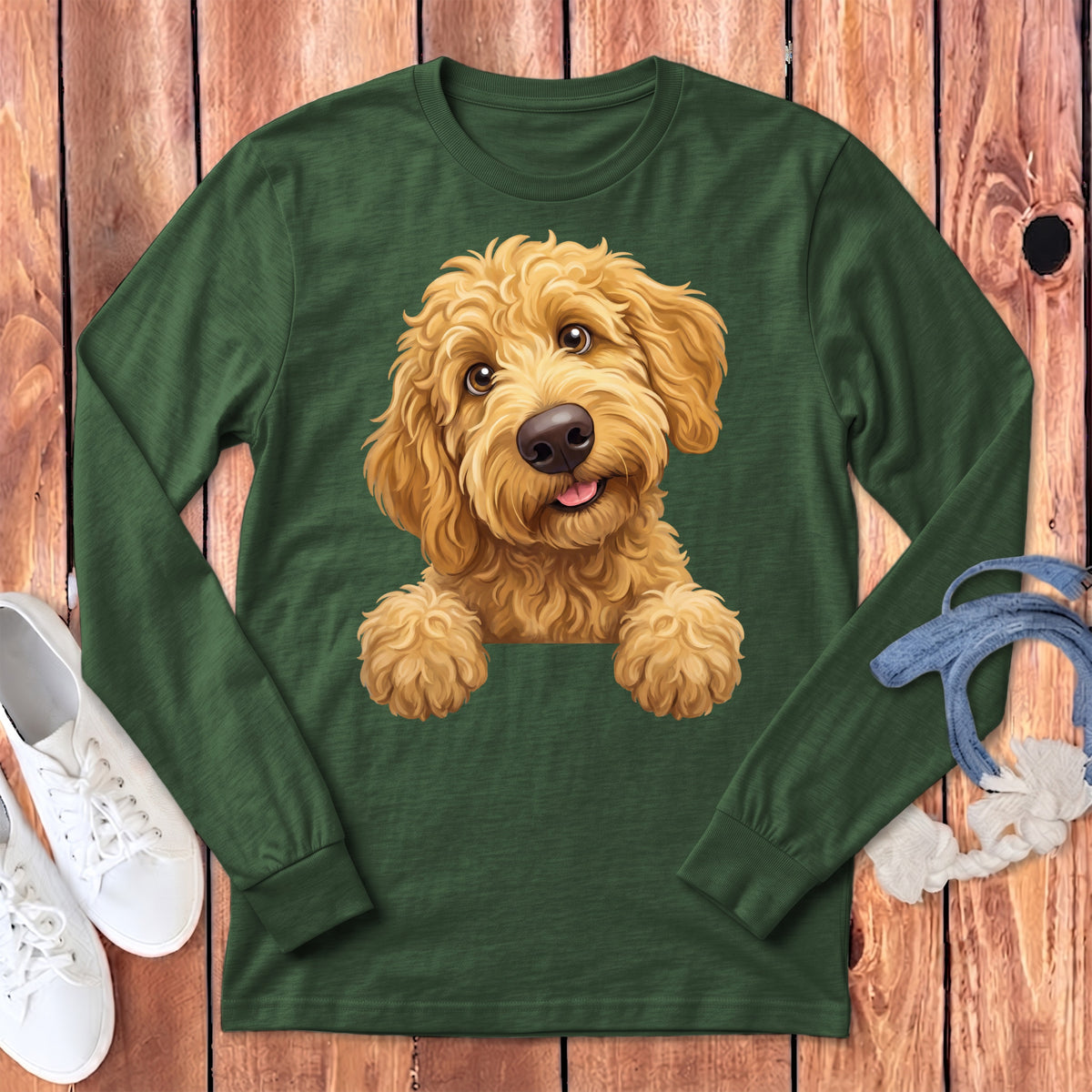 Green long-sleeve shirt with a playful doodle dog graphic peeking over the collar.