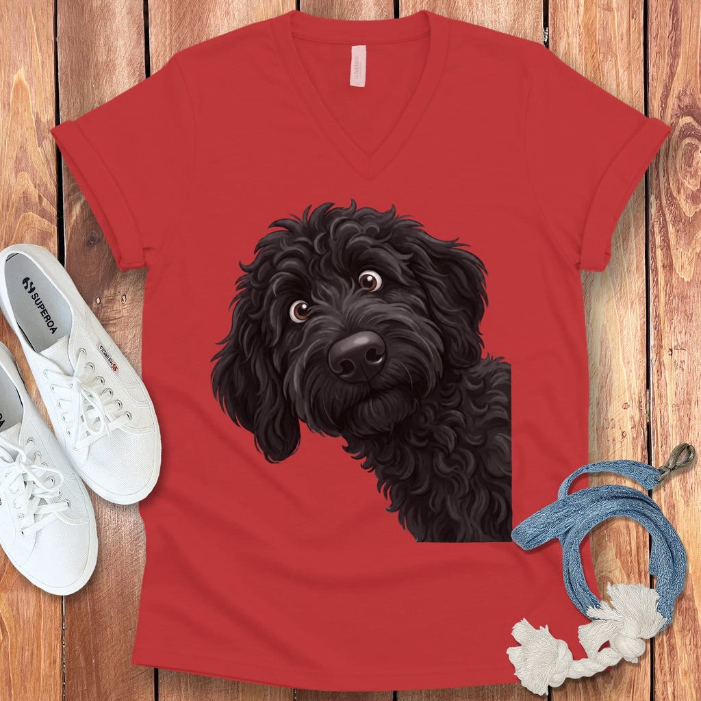 Funny Peeking Black Goldendoodle V-Neck T-Shirt in Red / S by Puppy Jo