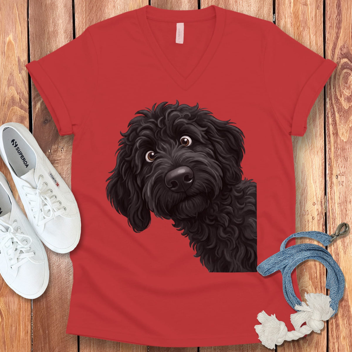 Funny Peeking Black Goldendoodle V-Neck T-Shirt in Red / S by Puppy Jo