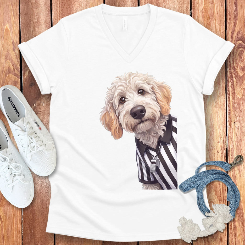 Maltipoo Football Referee V-Neck T-Shirt in White / S by Puppy Jo