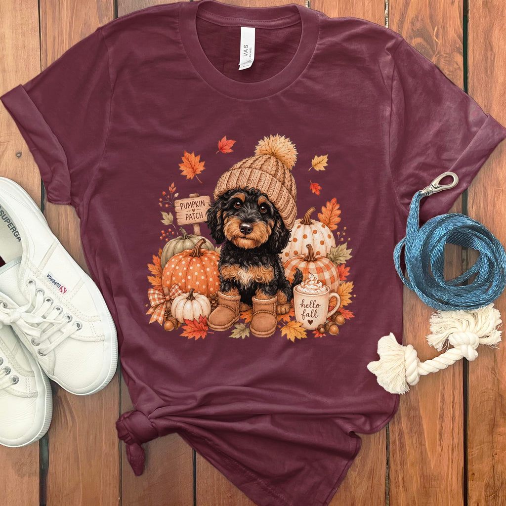 Phantom Goldendoodle Pumpkin Patch T-Shirt in Maroon / S by Puppy Jo