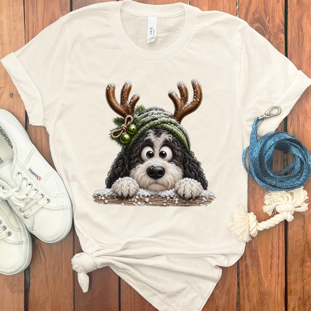 Bernedoodle puppy wearing a green knitted hat with reindeer antlers and bells.