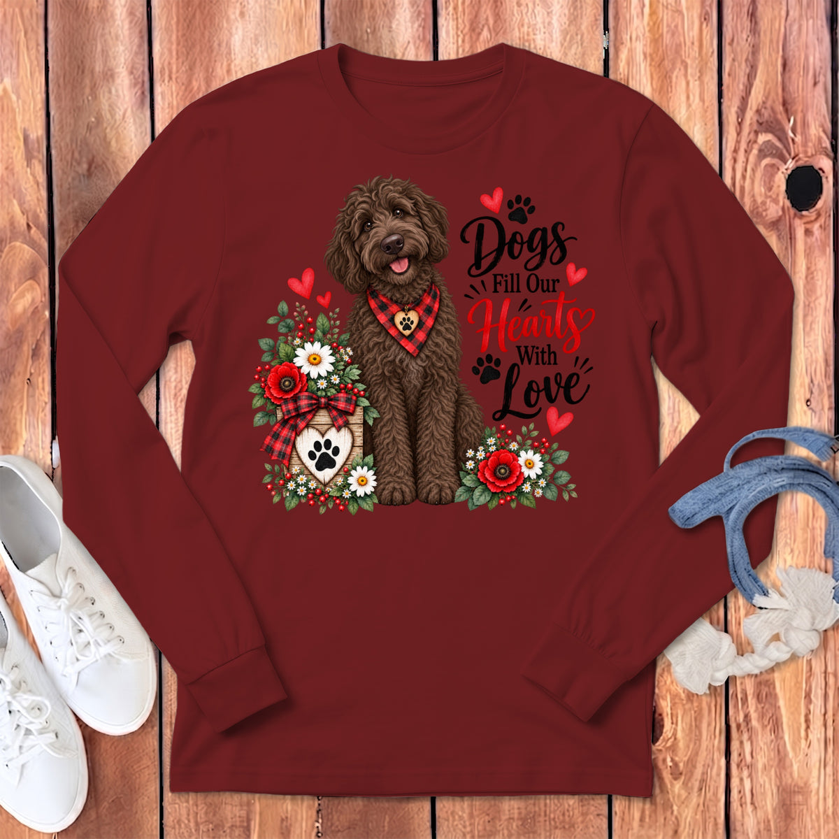 Chocolate Goldendoodle Hearts Love Long Sleeve T-Shirt