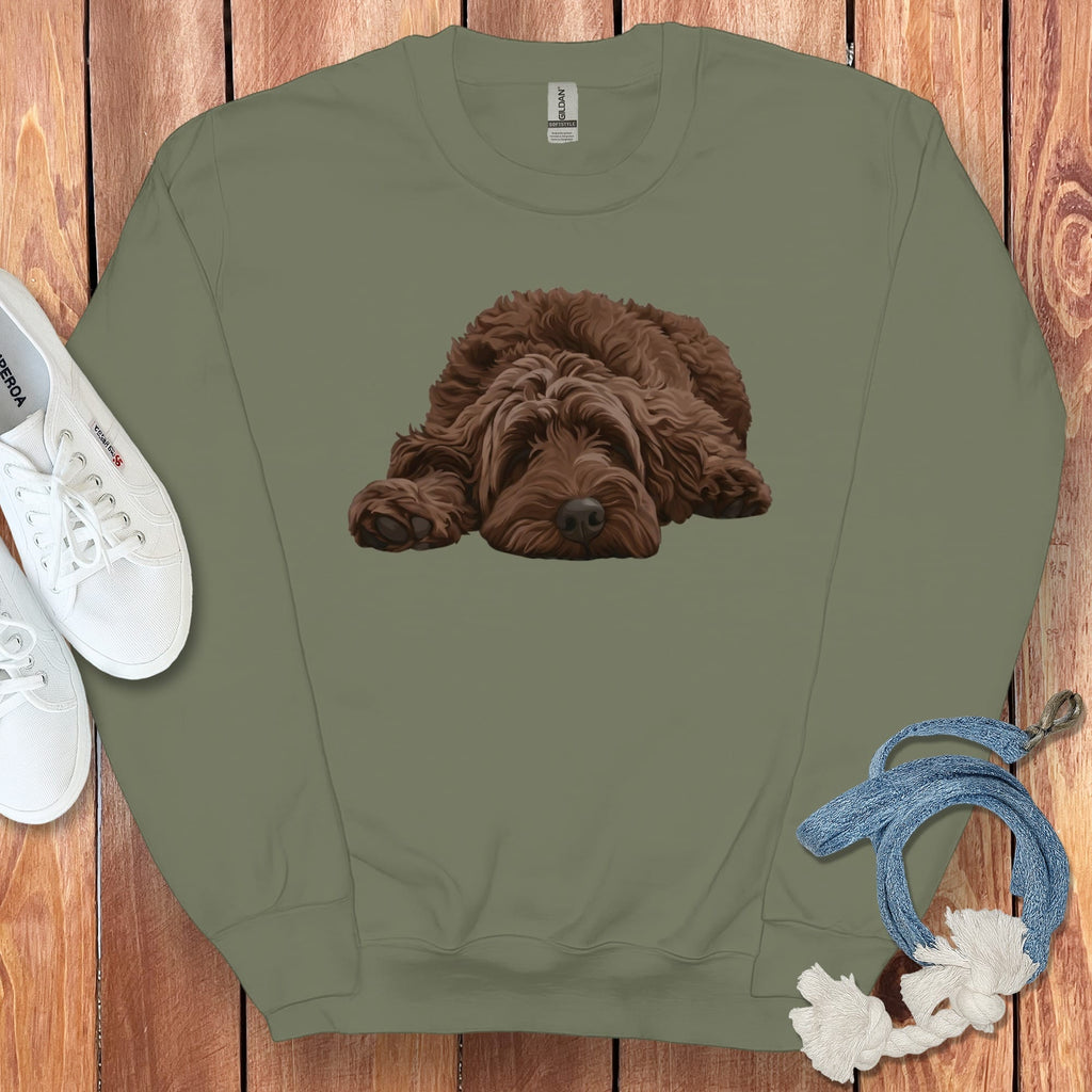 Chocolate Goldendoodle Snoozing Sweatshirt in Military Green / S by Puppy Jo