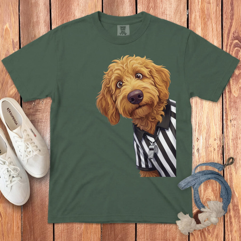 Apricot Goldendoodle Football Referee Signature T-Shirt in Blue Spruce / S by Puppy Jo