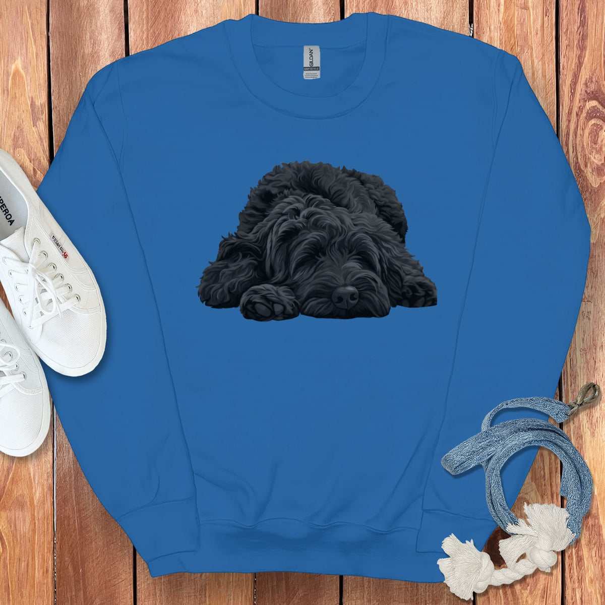 Black Goldendoodle Snoozing Sweatshirt in Royal / S by Puppy Jo