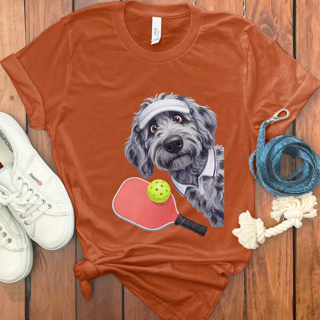 Merle Goldendoodle Pickleball Player T-Shirt in Autumn / S by Puppy Jo