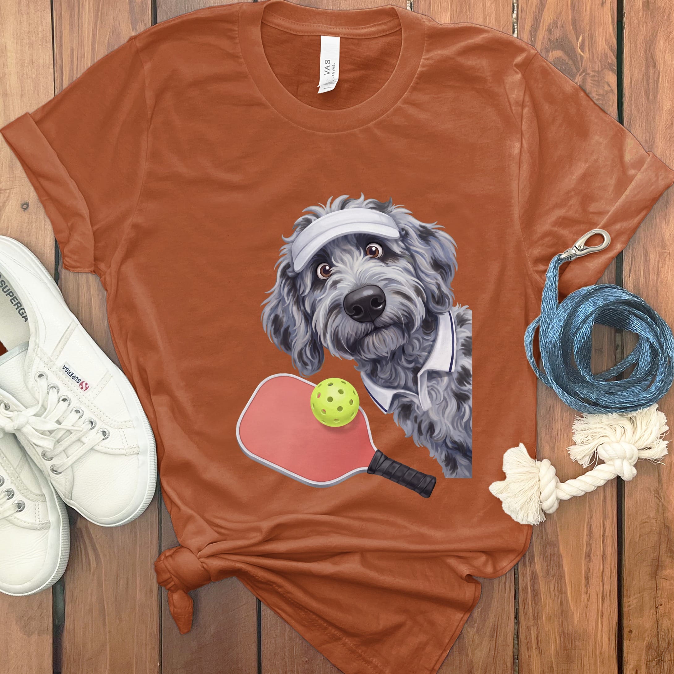 Merle Goldendoodle Pickleball Player T-Shirt in Autumn / S by Puppy Jo