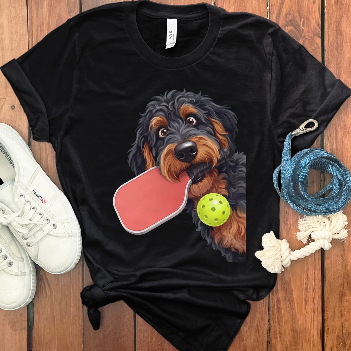 Phantom Goldendoodle Pickleball T-Shirt in Black / S by Puppy Jo