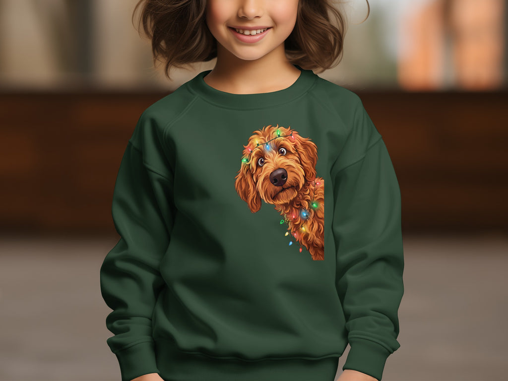 Green sweatshirt with a cute dog wearing Christmas lights graphic.
