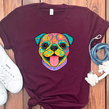 Colorful Pug Face Design Maroon T-Shirt product type