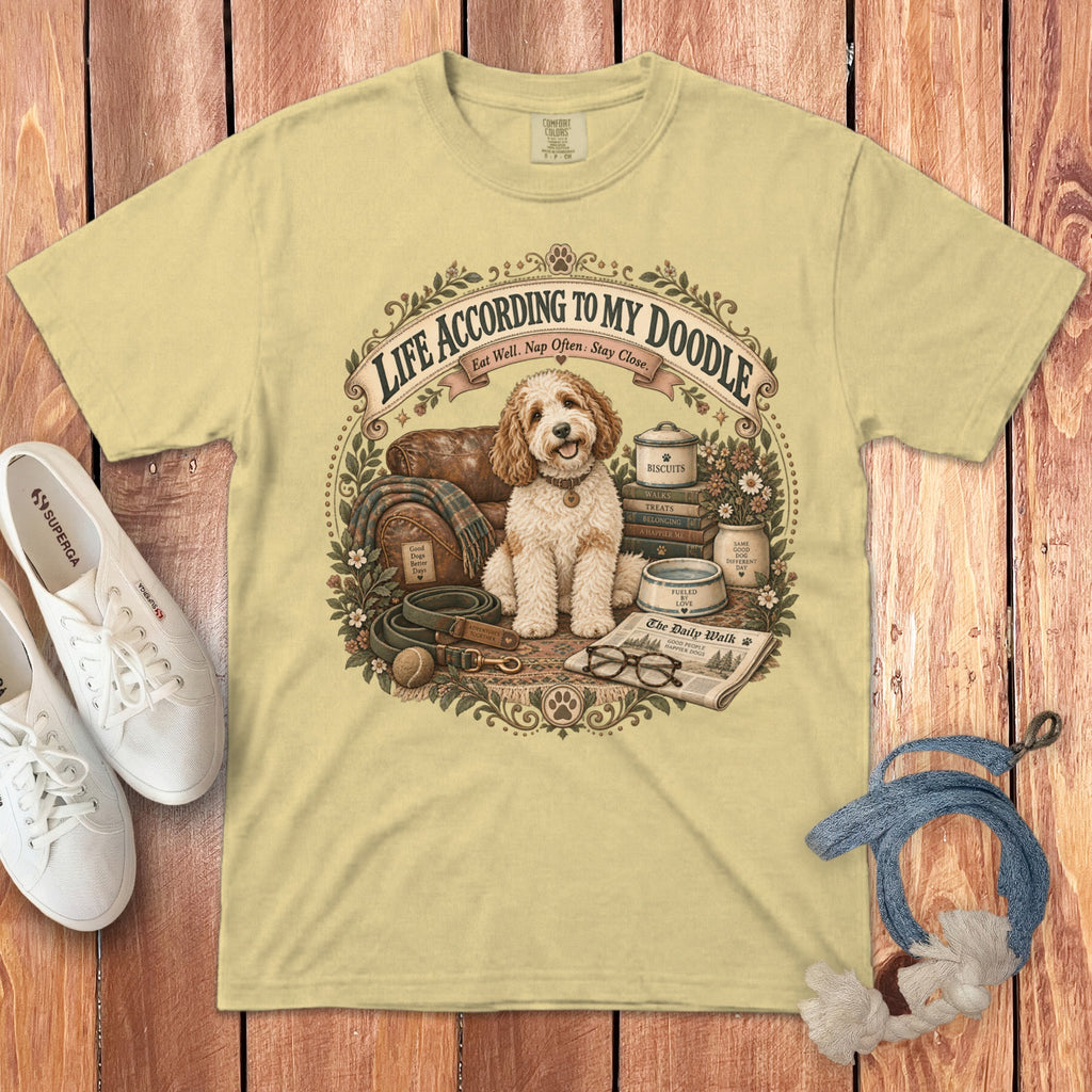 T-shirt with "Life According To My Doodle" text and illustration of a doodle dog.
