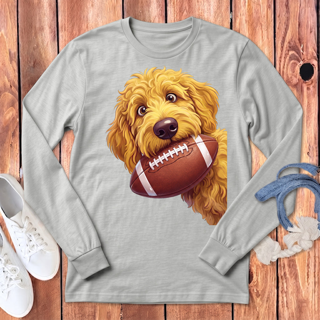 Goldendoodle puppy holding a football in its mouth on a gray long-sleeve shirt.