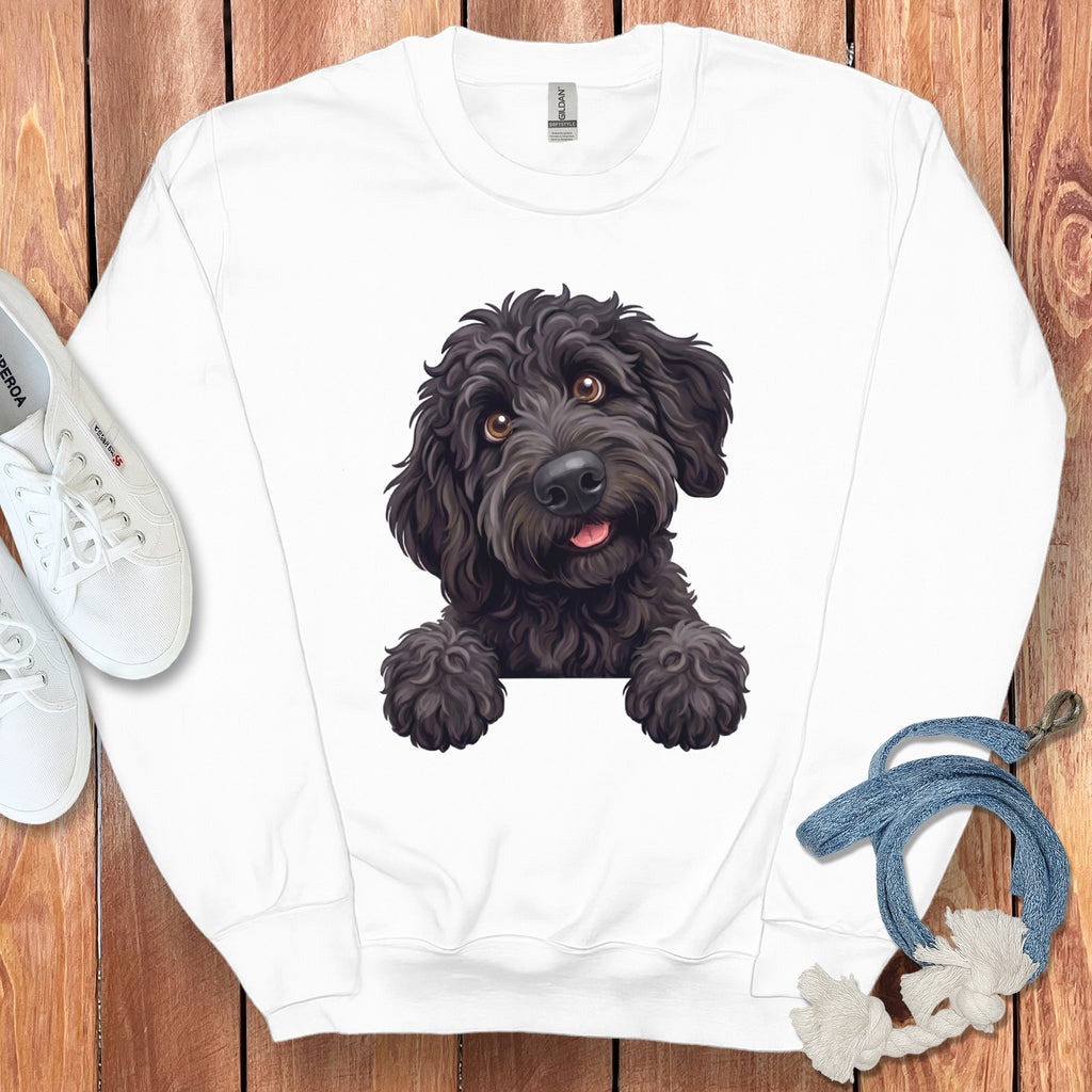 White sweatshirt with a playful black dog illustration peeking over the collar.