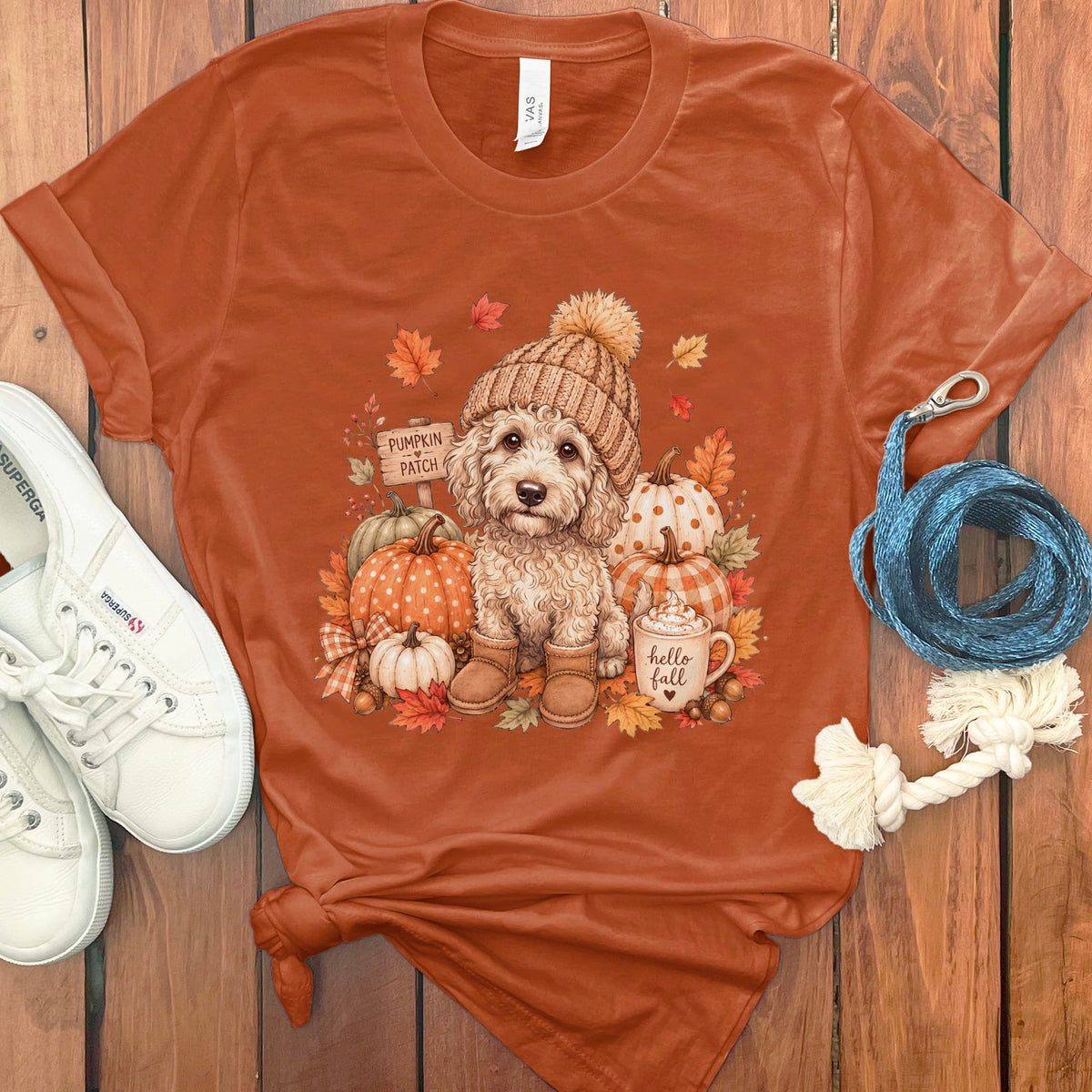 Cream Goldendoodle Pumpkin Patch T-Shirt in Autumn / S by Puppy Jo