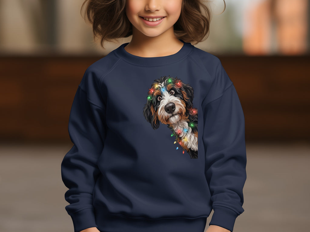 Bernese Mountain Dog puppy with Christmas lights graphic on navy sweatshirt.