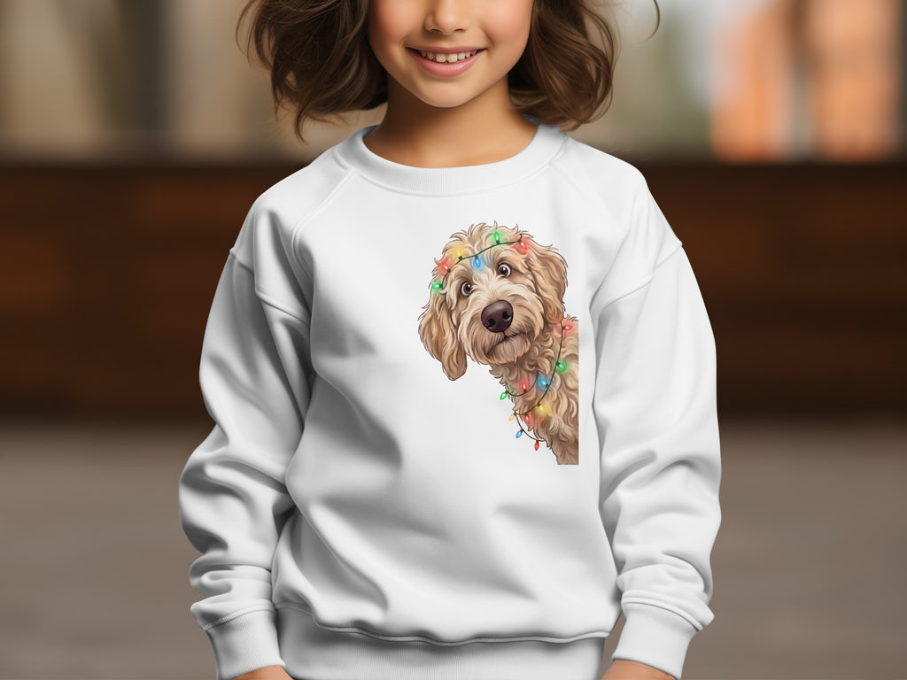 White sweatshirt featuring a doodle dog peeking from behind colorful Christmas lights.