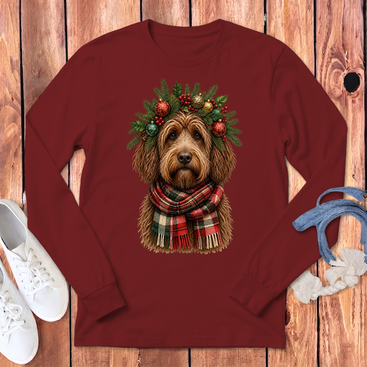 Chocolate Goldendoodle Holiday Crown Long Sleeve T-Shirt in Cardinal / S by MyDesigns