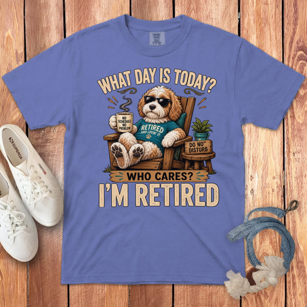 I'm Retired Parti Goldendoodle Signature T-Shirt in Flo Blue / S by Puppy Jo